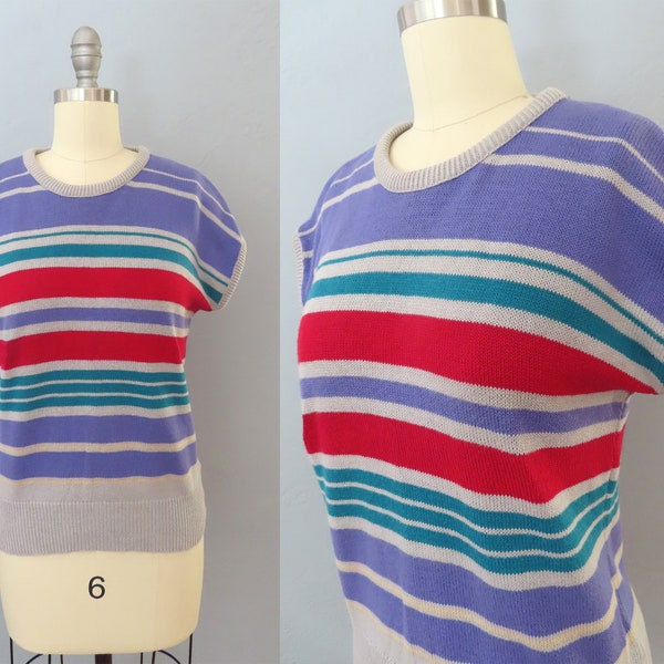 1970s gray + purple striped sweater | medium | 1970's sleeveless casual top 70s knit preppy