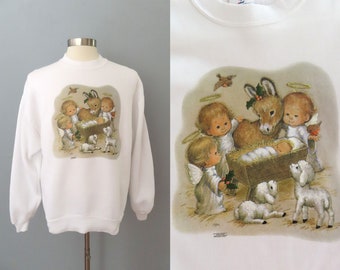 1990s sparkling Christmas baby Jesus graphic sweatshirt | large XL | gift for her gift for mom gift for grandma holiday gifts