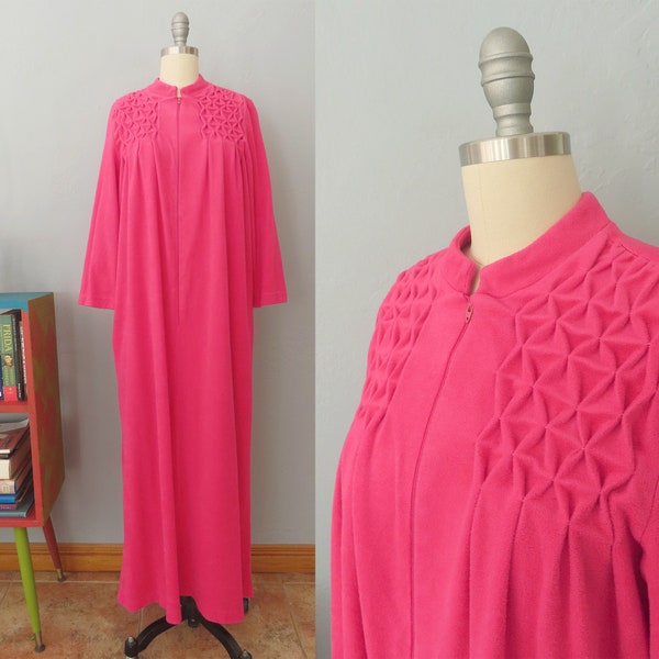 1970s pink velour zip up robe | medium large | 1970s house coat pajama gift for her gift for mom gift for grandma valentines day gift