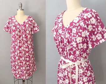 1980s pink flower house dress muumuu dress | size medium | valentines dress | casual dress with pocket | comfortwear