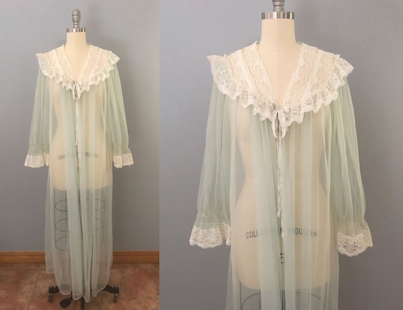 1950s sheer lace ruffle peignoir robe | size mediu