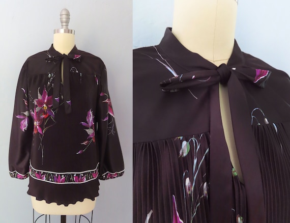 1960s black floral tie neck tunic blouse | womens… - image 1