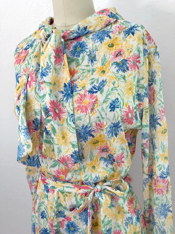 vintage 60s tie neck floral day dress | size larg… - image 4
