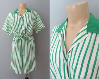 1980s green striped top and shorts set | med large | high waisted oversized boxy shirt St Patricks Day