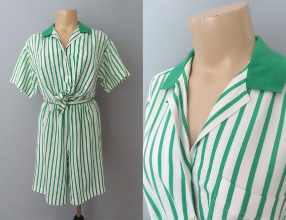 1980s green striped top and shorts set | med larg… - image 1