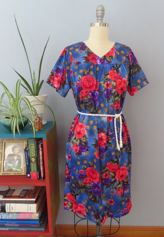 1980s blue floral house dress | medium | mumu muum