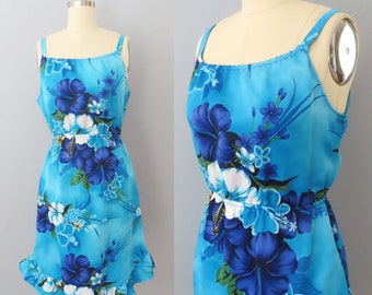 1980s blue Hawaiian floral sun dress | size medium | floral sundress blue hibiscus floral sun dress gift for her