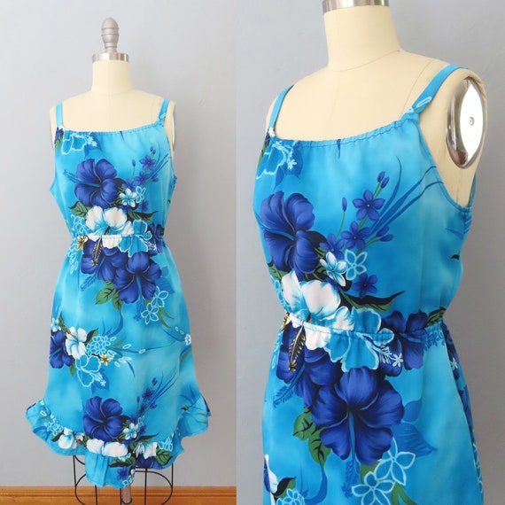 1980s blue Hawaiian floral sun dress | size mediu… - image 1