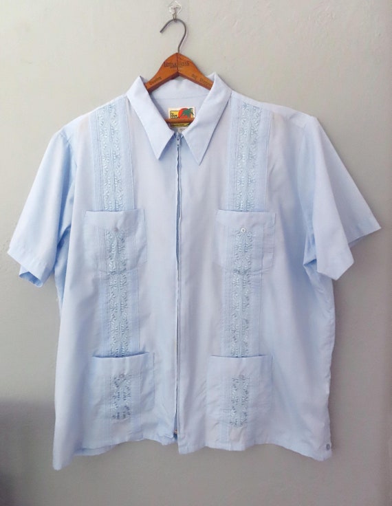 1980s Light Blue Guayabera Shirt: Vintage Zip-up Mexican Wedding