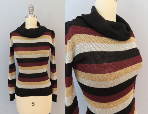 1960s mod metallic cowl neck sweater | size small… - image 1