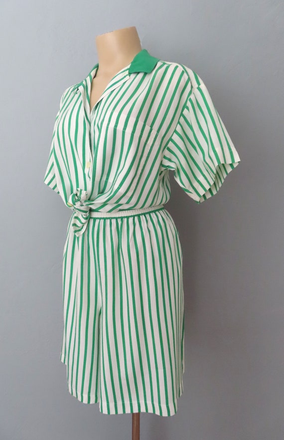 1980s green striped top and shorts set | med larg… - image 4