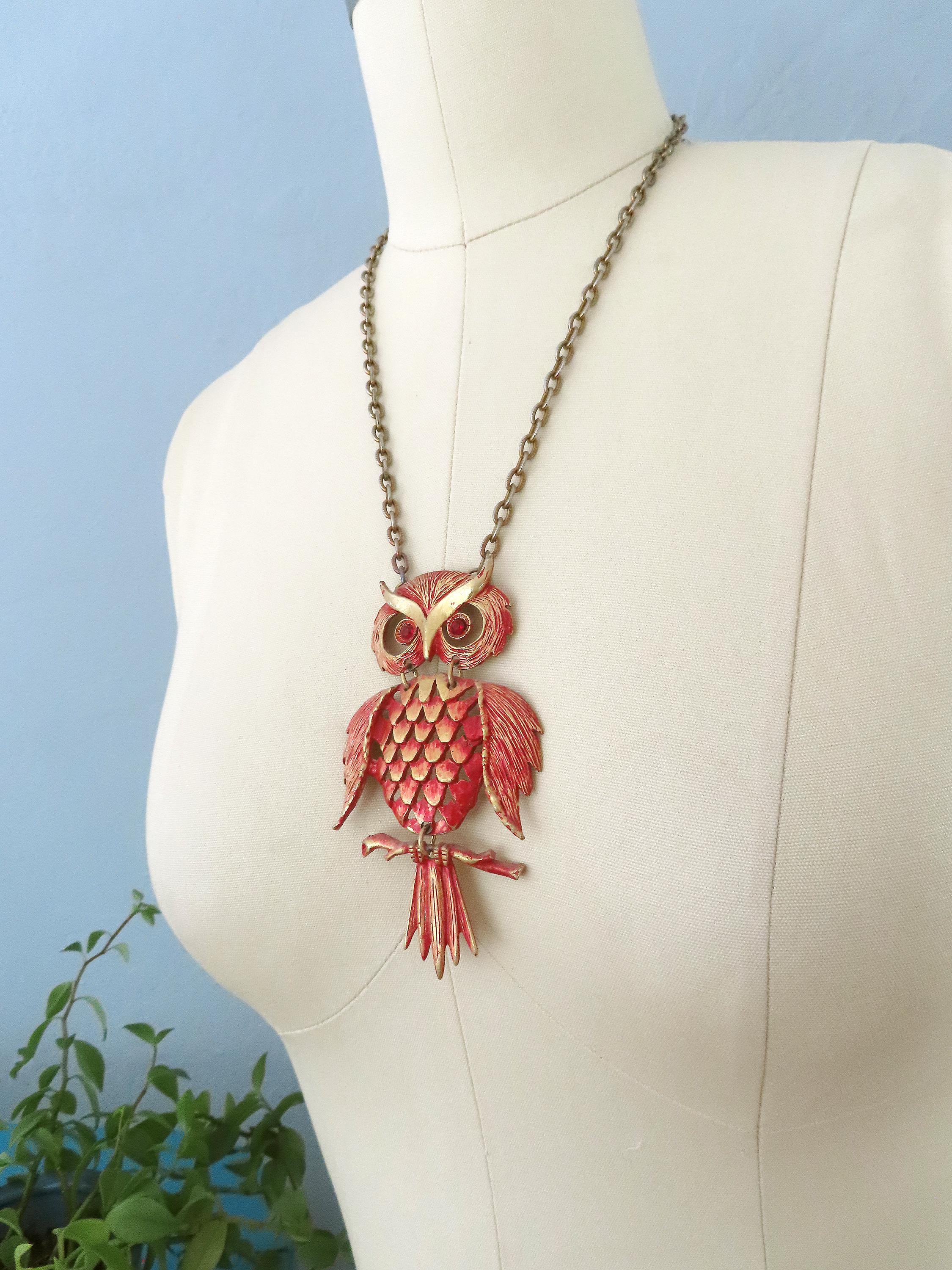 1970s Articulated Owl Statement Necklace, Orange Red And Gold