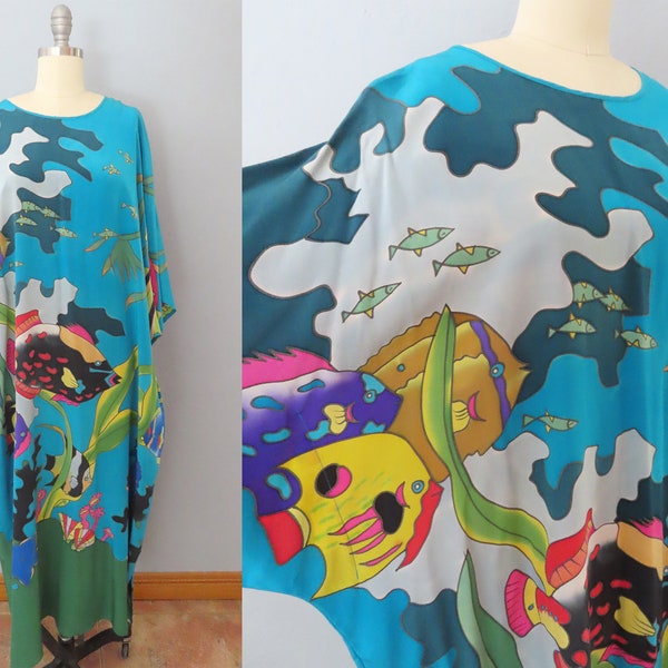 vintage 70s ocean sea life fish print silk kaftan dress | large | loungewear boho bohemian hippie fish bubbles underwater