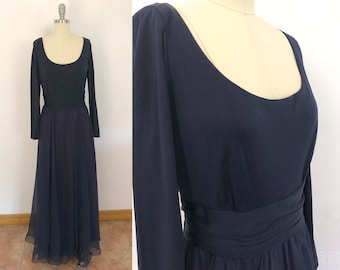 1970s Miss Elliette navy formal evening dress | medium | holiday party gown formal wear evening wear formal prom dress minimalist gown