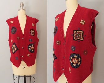 1980s Jantzen embroidered red floral sweater vest | large | holiday sweater gift for her gift for mom gifts for grandma valentines day