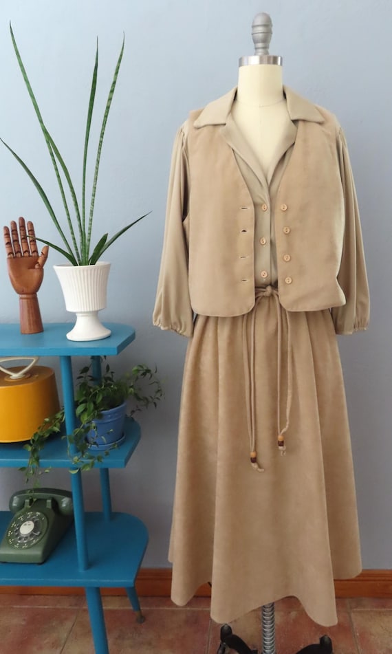 1970s Faux Suede Vest Midi Dress: Tan, Size Medium-Large