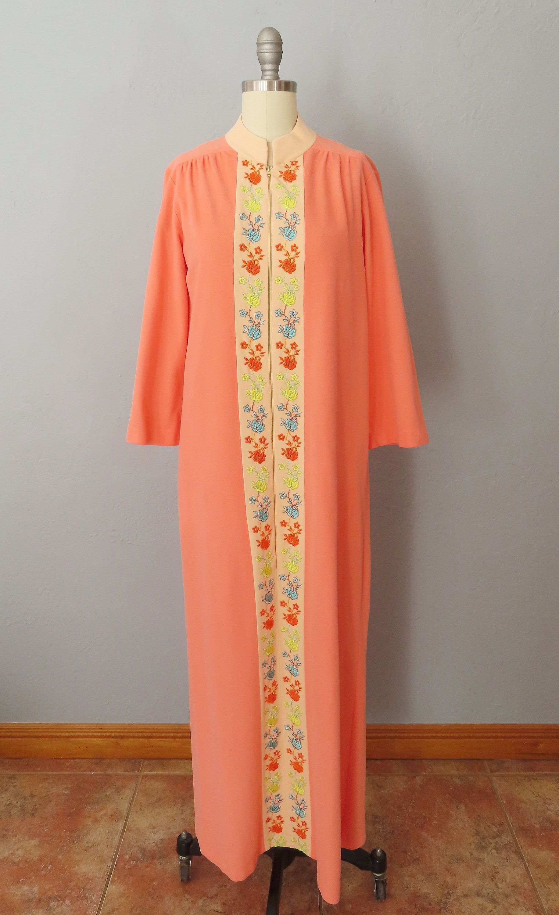 1970s Velour Robe: Evelyn Pearson Orange Floral Embroidered Housecoat, Medium