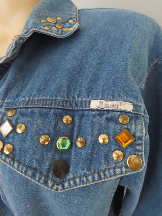 1980s rhinestone studded denim overall jumpsuit |… - image 6