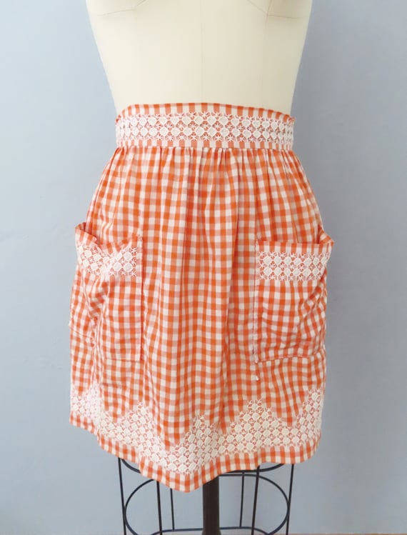 1950s Embroidered Gingham Apron: Orange Cottagecore Half Apron