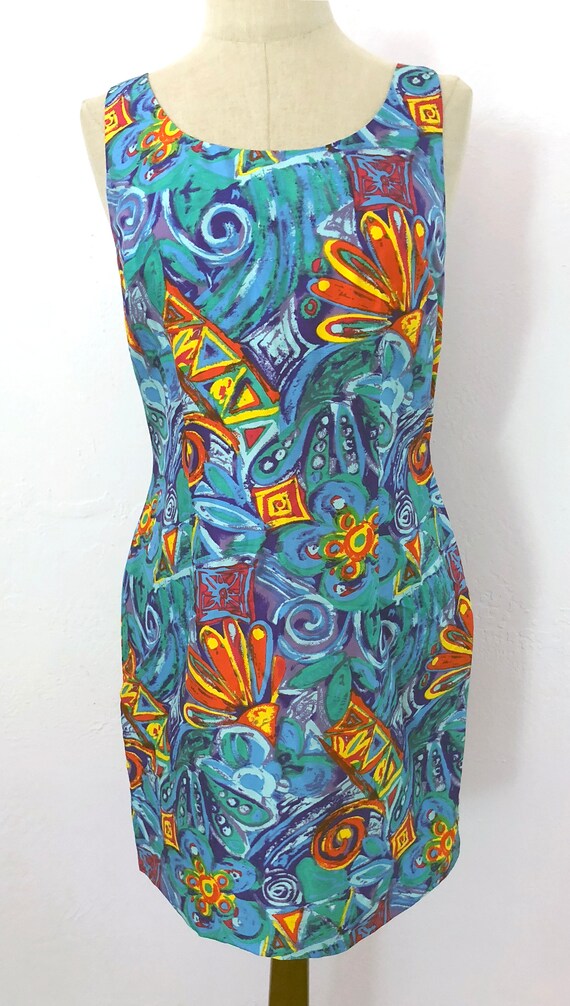 1990s hawaiian abstract floral silk sheath dress … - image 2