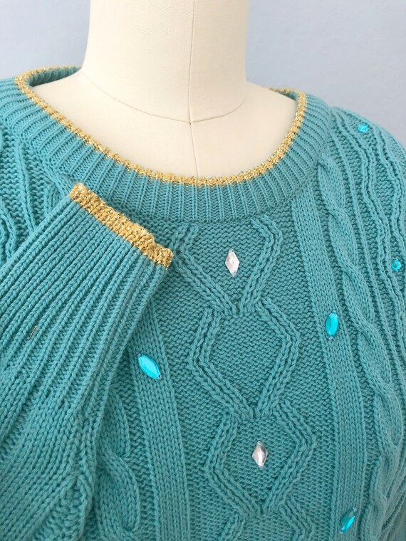1980s blue green knit sweater skirt set | small |… - image 7