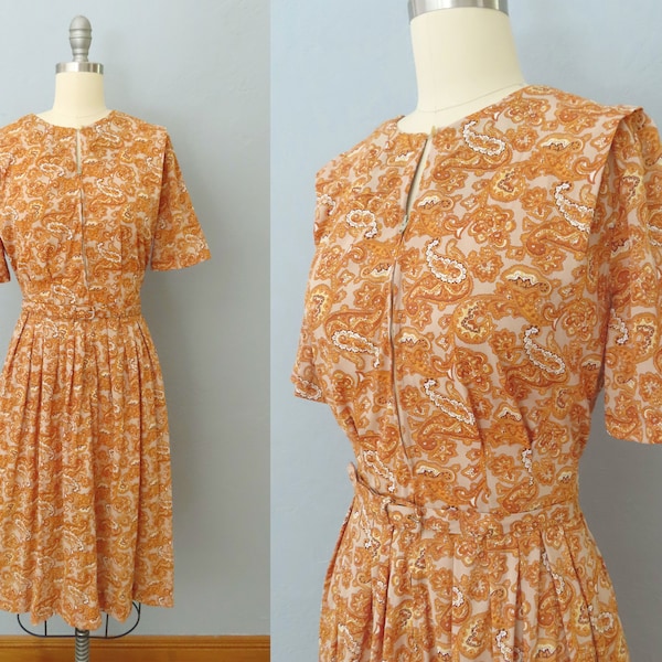 1960s orange paisley pleated shirtdres belted | size medium | 60s late afternoon dress party dress boho bohemian