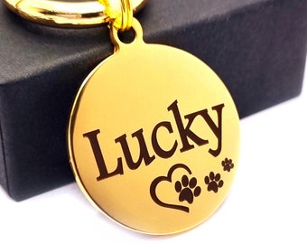 Dog Tag for Dogs Personalized, Gold Silver Black Custom Dog Name Tag, Engraved Dog ID Tag with Heart Paws, Stainless Steel Metal