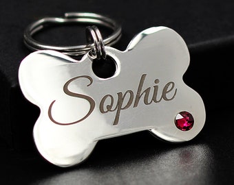 Personalized Dog Bone id Tag with Crystals, Birthstone Dog id Tag, Swarowski Crystals Dog Tag, Engraved Dog id Tag, Stainless Steel Tag