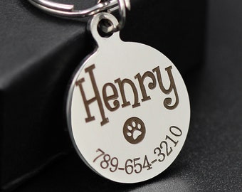 Custom Engraved Dog Name Id Tag Circle with Paw and Phone number, Pet ID Tag, Tags for Dogs, Dog Collar ID Tag, Dog Tag Personalized