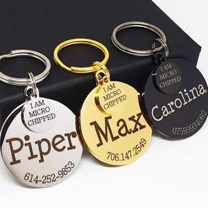 Microchipped Dog Name Tag, Microchip Dog Tag for Dogs, Personalized Dog Tag, Stainless Steel Gold Black