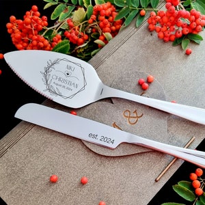 Wedding Cake Cutting Set Rose Gold Server Knife Personalized Cake Cutter Serving Set, Engraved Cake Server, Carton or Wooden Gift Box image 4