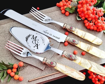 Gold Wedding Cake Cutting Set with Forks, Cake Cutter Set and Gift Box, Unique Handle Server Knife Gold Washed Metal Ring, Red Stone