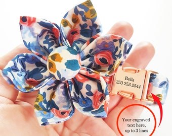 Custom Dog Collar with Flower, Floral Dog Collar Personalized Engraved, Flower + Leash, 4 Different Patterns, All Metal Buckle