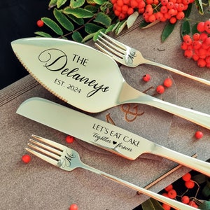 Champagne Wedding Cake Cutter Set with Forks Personalized - Cake Cutting Serving Set, Engraved Cake Server, Carton or Wooden Gift Box