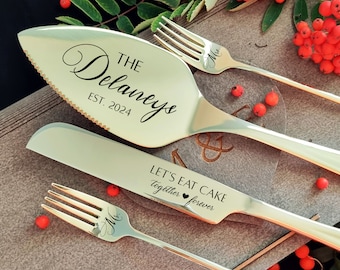 Champagne Wedding Cake Cutter Set with Forks Personalized - Cake Cutting Serving Set, Engraved Cake Server, Carton or Wooden Gift Box