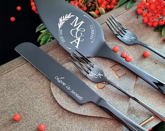 Schwarzes Hochzeitstorten-Schneideset mit Gabeln, personalisierter Kuchenschneider-Servierset, gravierter Tortenheber, Karton oder Geschenkbox aus Holz