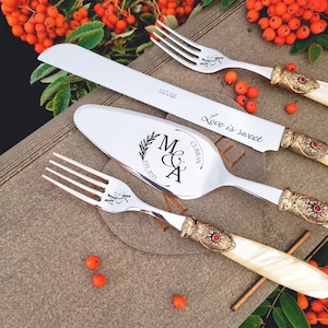 Wedding Cake Cutting Set with Forks - Ivory Pearl Handle Cake Server and Knife, Antique Gold Washed Metal Ring with a Red Stone