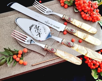 Gold Wedding Cake Cutting Set with Forks, Cake Cutter Set and Gift Box, Unique Handle Server Knife Gold Washed Metal Ring, Red Stone