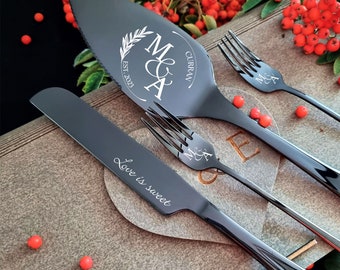 Black Wedding CAKE CUTTING SET with Forks, Personalized Cake Cutter Serving Set, Engraved Cake Server, Carton or Wooden Gift Box