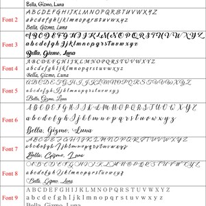 May include: A chart showing 10 different fonts with the words "Bella, Gizmo, Luna" written in each font. The fonts are labeled Font 1 through Font 10.
