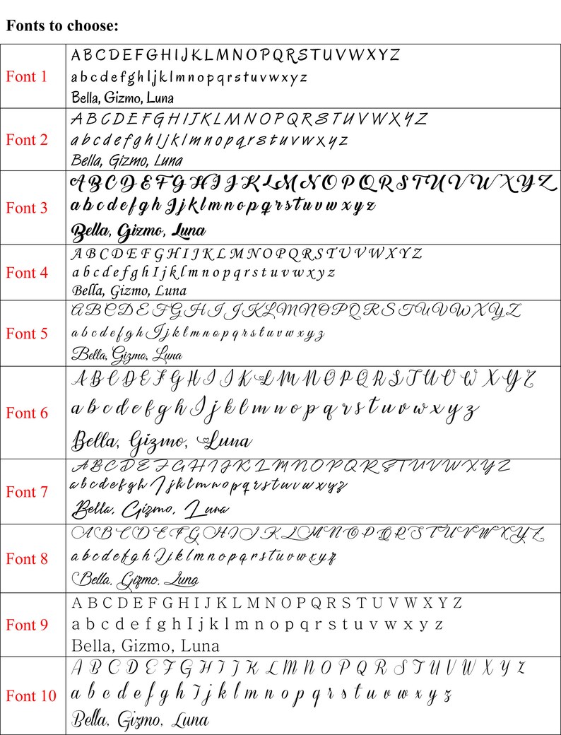 May include: A chart showing 10 different fonts with the words "Bella, Gizmo, Luna" written in each font. The fonts are labeled Font 1 through Font 10.