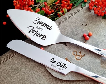 Wedding Silver Cake Server Knife Cutting Set - Personalized Cake Cutter Serving Set, Engraved Cake Server, Carton or Wooden Gift Box