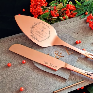 Wedding Cake Cutting Set Rose Gold Server Knife Personalized Cake Cutter Serving Set, Engraved Cake Server, Carton or Wooden Gift Box image 1