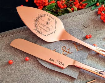 Wedding Cake Cutting Set Rose Gold Server Knife  - Personalized Cake Cutter Serving Set, Engraved Cake Server, Carton or Wooden Gift Box