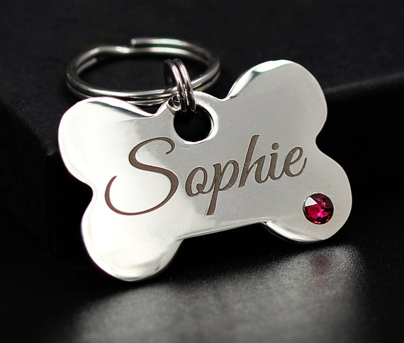 Personalized Dog Bone id Tag with Crystals, Birthstone Dog id Tag, Swarowski Crystals Dog Tag, Engraved Dog id Tag, Stainless Steel Tag