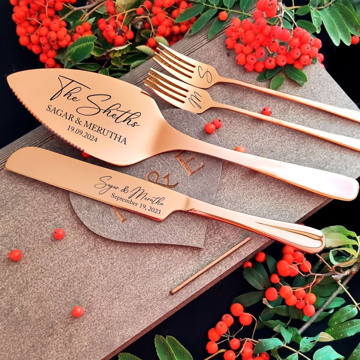 Wedding Rose Gold Cake Cutting Set With Forks - Personalized Cake Cutter Serving Set, Engraved Cake Server, Carton or Wooden Gift Box - Etsy