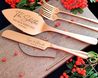 Ensemble de coupe de gâteau de mariage en or rose avec fourchettes - Ensemble de service d'emporte-pièces personnalisés, pelle à gâteau gravée, carton ou boîte cadeau en bois