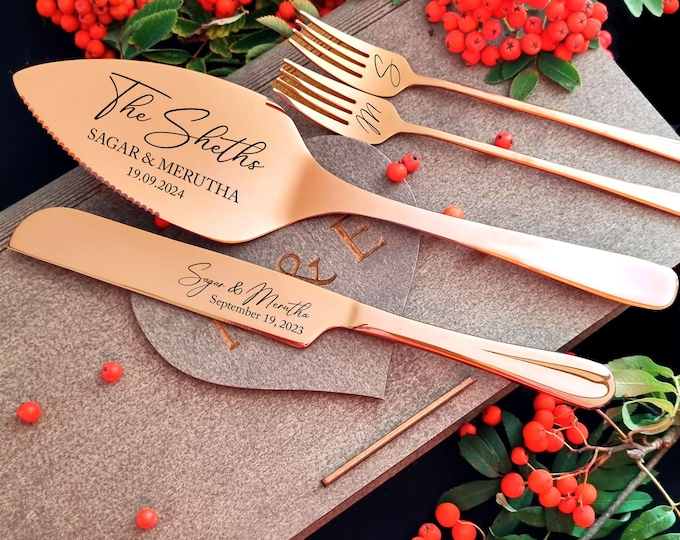 Wedding Rose Gold Cake Cutting Set with Forks - Personalized Cake Cutter Serving Set, Engraved Cake Server, Carton or Wooden Gift Box