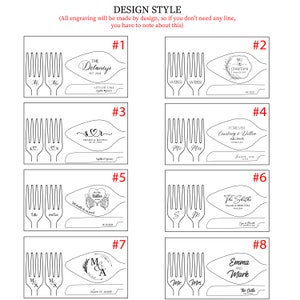 May include: Eight different designs for personalized engraved forks and spoons. Each design features a different style of font and graphic, including hearts, flowers, and text. The designs are numbered 1 through 8.