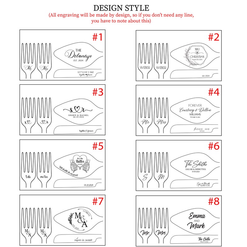 May include: Eight different designs for personalized engraved forks and spoons. Each design features a different style of font and graphic, including hearts, flowers, and text. The designs are numbered 1 through 8.